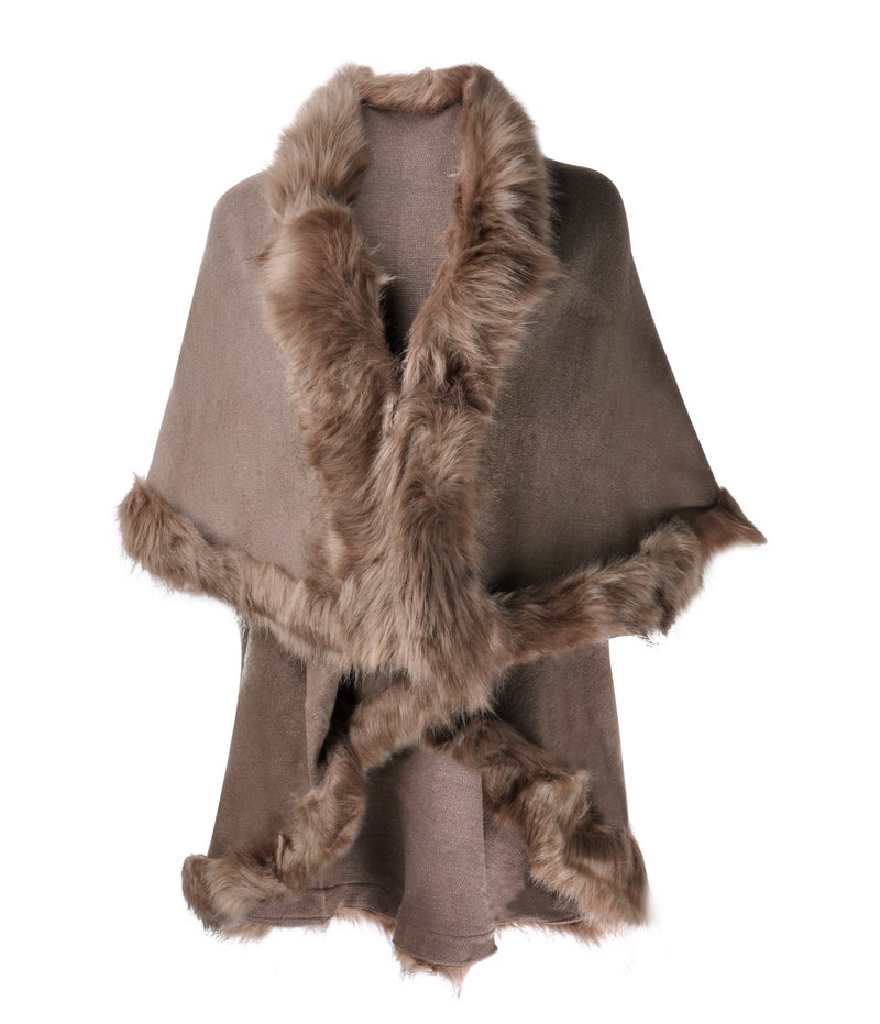ZLYC Women Fine Knit Open Front Faux Fur Trim Layers Poncho Cape Cardigan Sweater, Khaki - Image 1